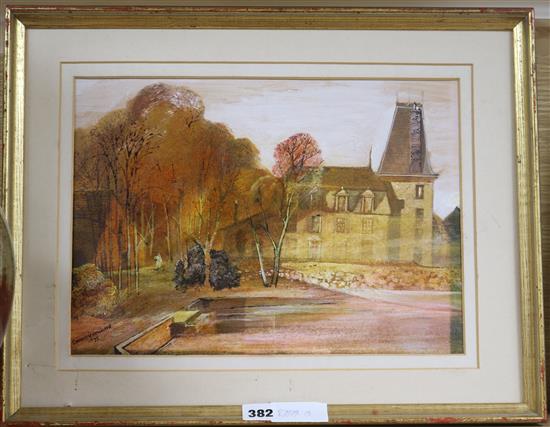 Ernest Greenwood, mixed media on paper, view of a chateau, signed and dated 78, 26 x 36cm